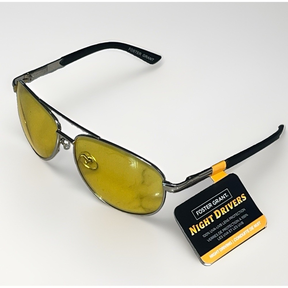 Foster Grant NIGHT DRIVERS Silver Aviator Night Driving Glasses SUNDAY DRIVE 040